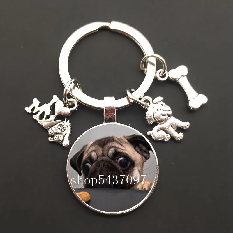 Cartoon dog Lovely Pet pomeranian Pug collie round glass cabochon keychain Bag Car key chain Ring Holder Charms keychains Gifts