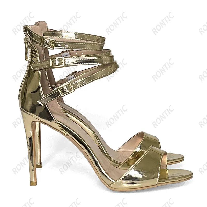 

Rontic Handmade Women Shiny Sandals Patent Leather Thin High Heels Open Toe Beautiful Gold Silver Party Shoes US Size 5-20