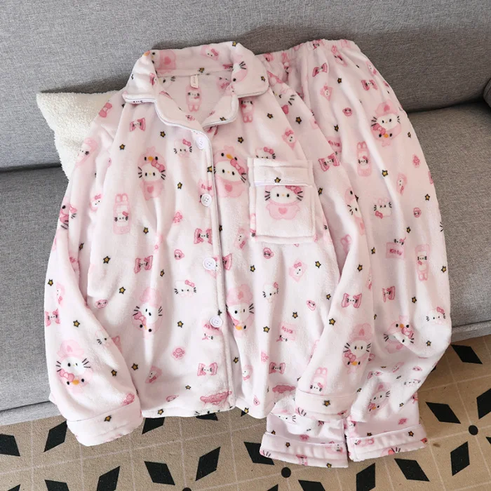 Hello Kitty Coral Velvet Pajamas Women\'s Autumn and Winter Long Sleeves with Thick Velvet Cartoon Cute Home Clothes Winter Set