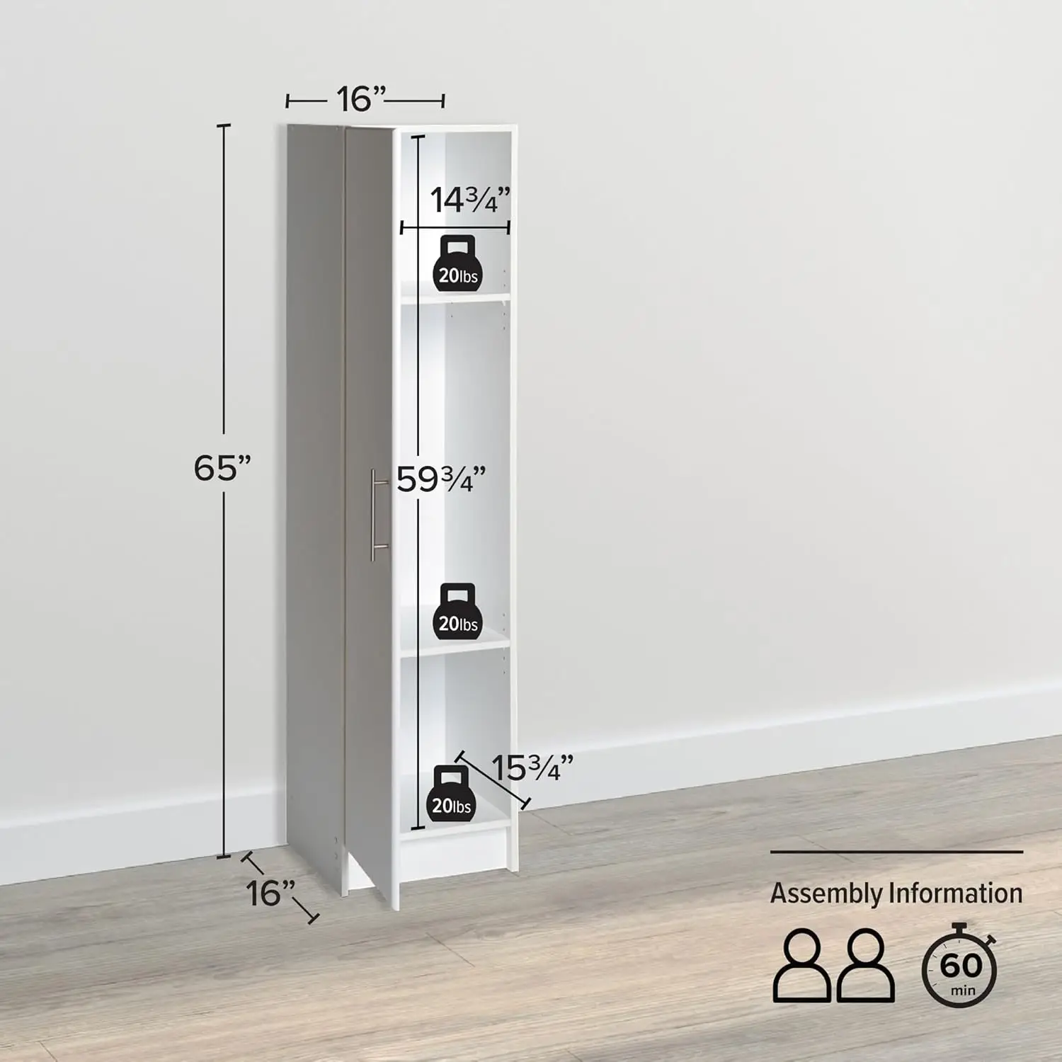 65-Inch Tall White Narrow Storage Cabinet with Doors and Shelves, Easy Assembly