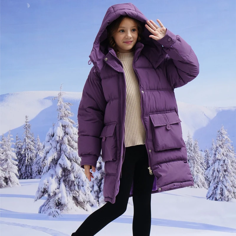 2025 Winter New Girls Jacket Long Solid Color Thick Keep Warm Hooded Windbreak Coat For 6-14 Years Teen Girls Fashion Snowsuit