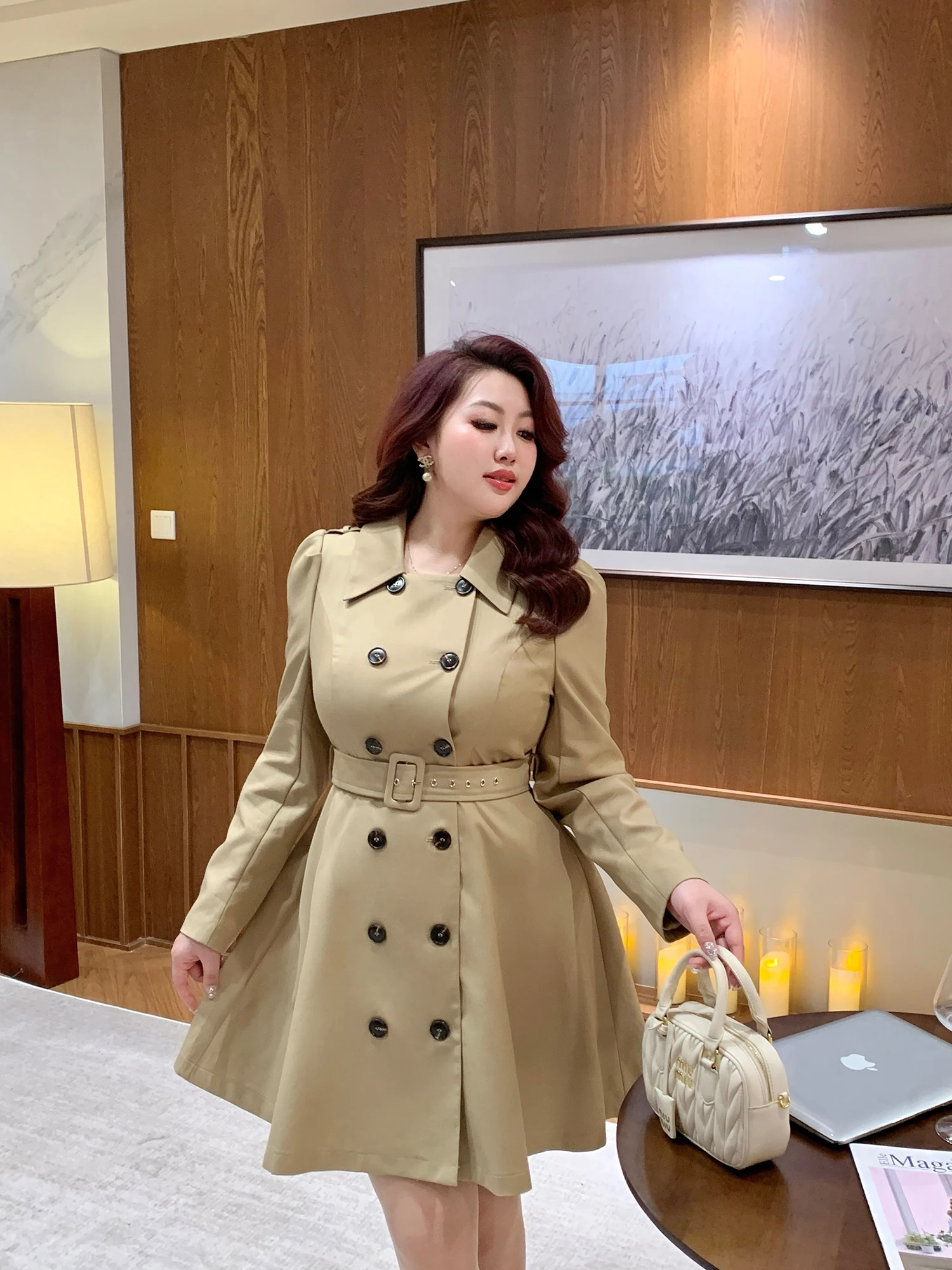 

Khaki Mid-Length Women's Windbreaker Dr Double-Breasted A-Line Skirt Ele Vintage Sle Long Sve High Waist Design