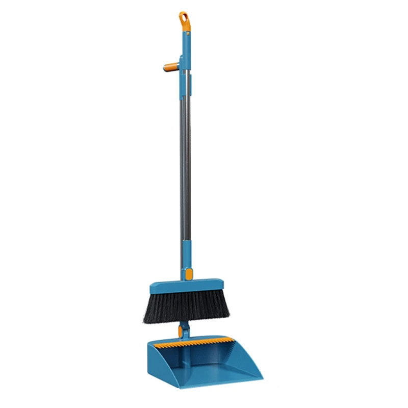 180-Degree Rotating Broom And Collector Game Broom Folding Dustpan Set Blue With Long Adjustable Ergonomic Cleaning Kit