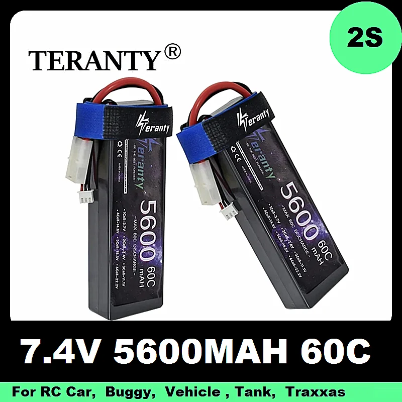 TERANTY 7.4V HARD CASE Lipo Battery 2S 5600mAh 60C with TRX XT90 T XT60 Connector for RC Car Vehicles Buggy Boat Monster Truck