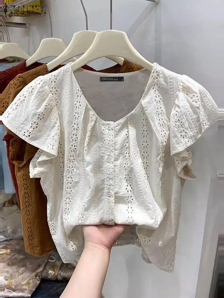 

ZANZEA Korean Solid Cotton Blouse 2024 Women Hollow Embroidery Tunic Summer Fashion Flare Short Sleeve Shirt Vintage Buttons Top