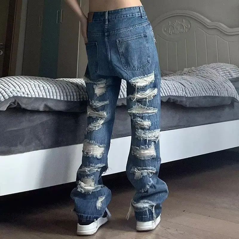 American Style Broken Hole Old Jeans Loose Hundred New Pants Men\'s Streetwear Baggy Jeans Y2k Jeans Ripped Jeans Men Pants