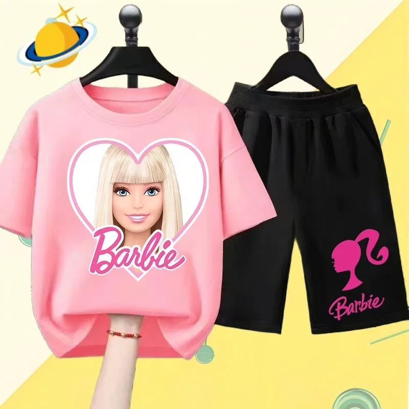 Disney Barbie children's T-shirt set lively cute girls round neck short sleeve shorts 2 piece set casual shirt Kawaii casual top