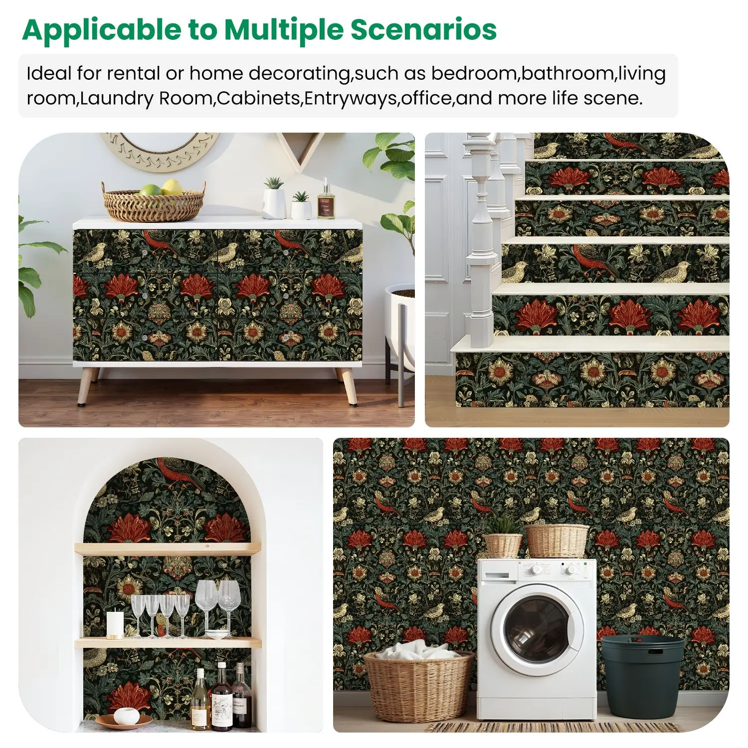 Vintage Floral Birds Laub Tapete 22,83"X118" wasserdichte Tapete für Wohnzimmer/Schlafzimmer/Badezimmer PVC-Wandaufkleber