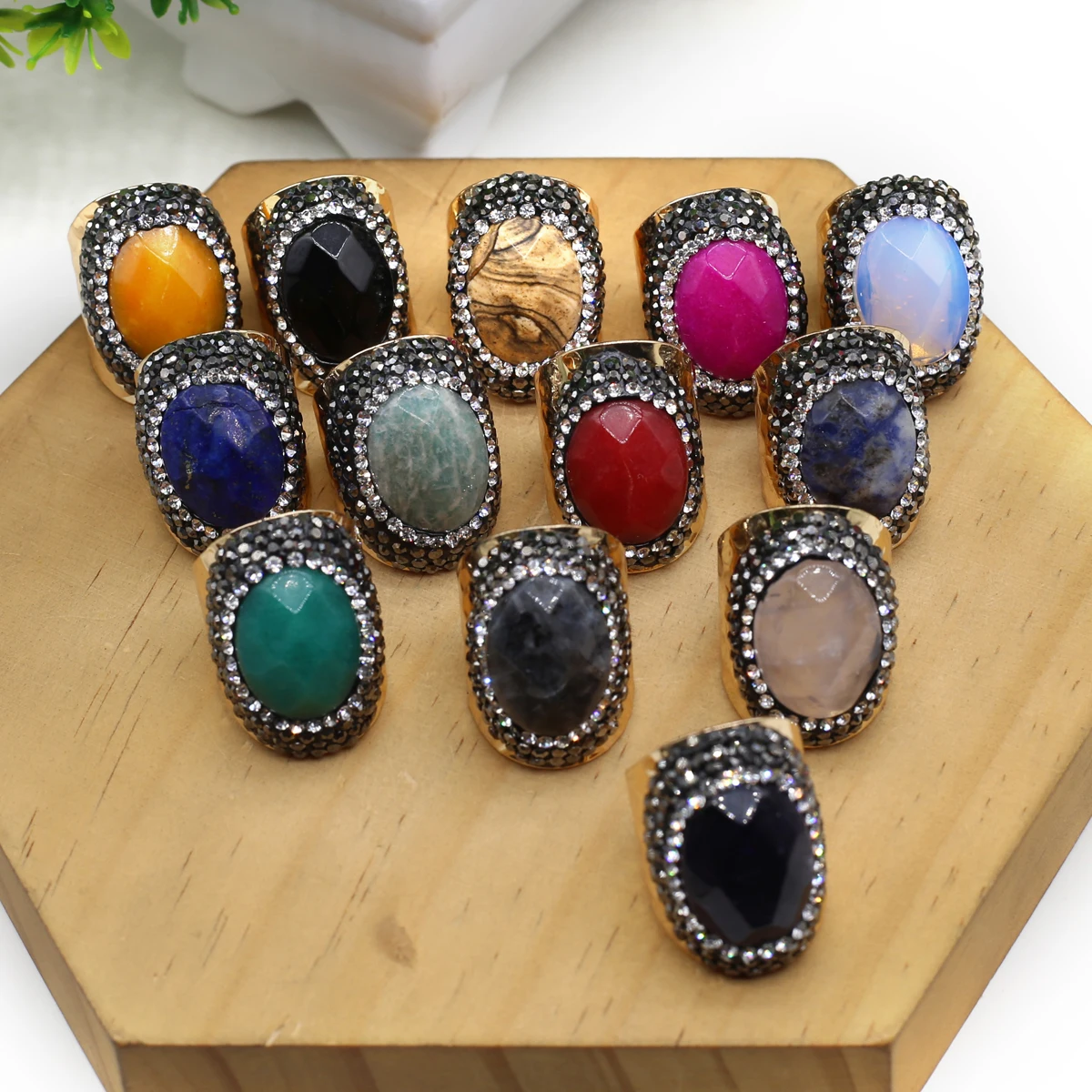 Vintage Natural Gemstone Rings Plated Diamond Agates Open Finger Rings Adjustable for Women Party Wedding Jewelry 20x30mm