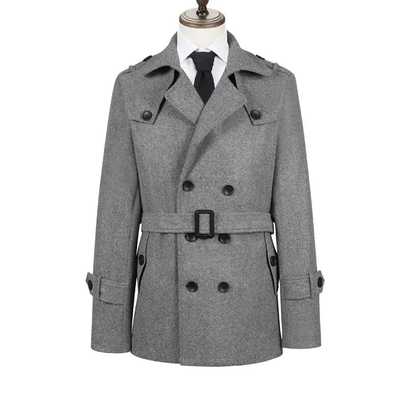 

ey Woolen Men's Coat Long Overcoat Double Breasted Autumn Winter Faion Casual Youth Sle Middle Length oulder Strap