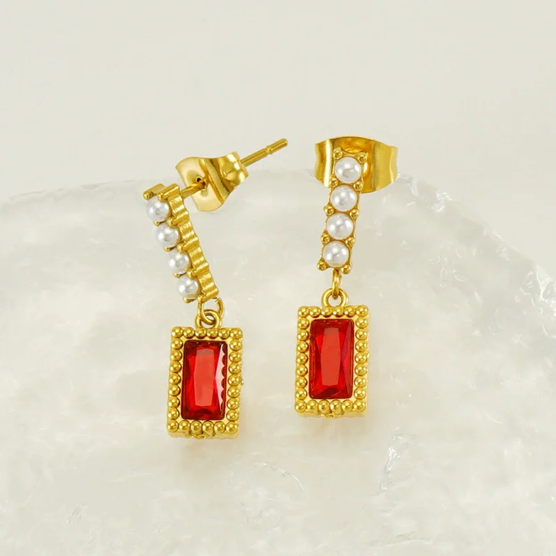 مربع حجر الراين قلادة تقليد اللؤلؤ وأقراط الفولاذ المقاوم للصدأ للنساء مطلي 18K الذهب القرط الأزياء والمجوهرات #4