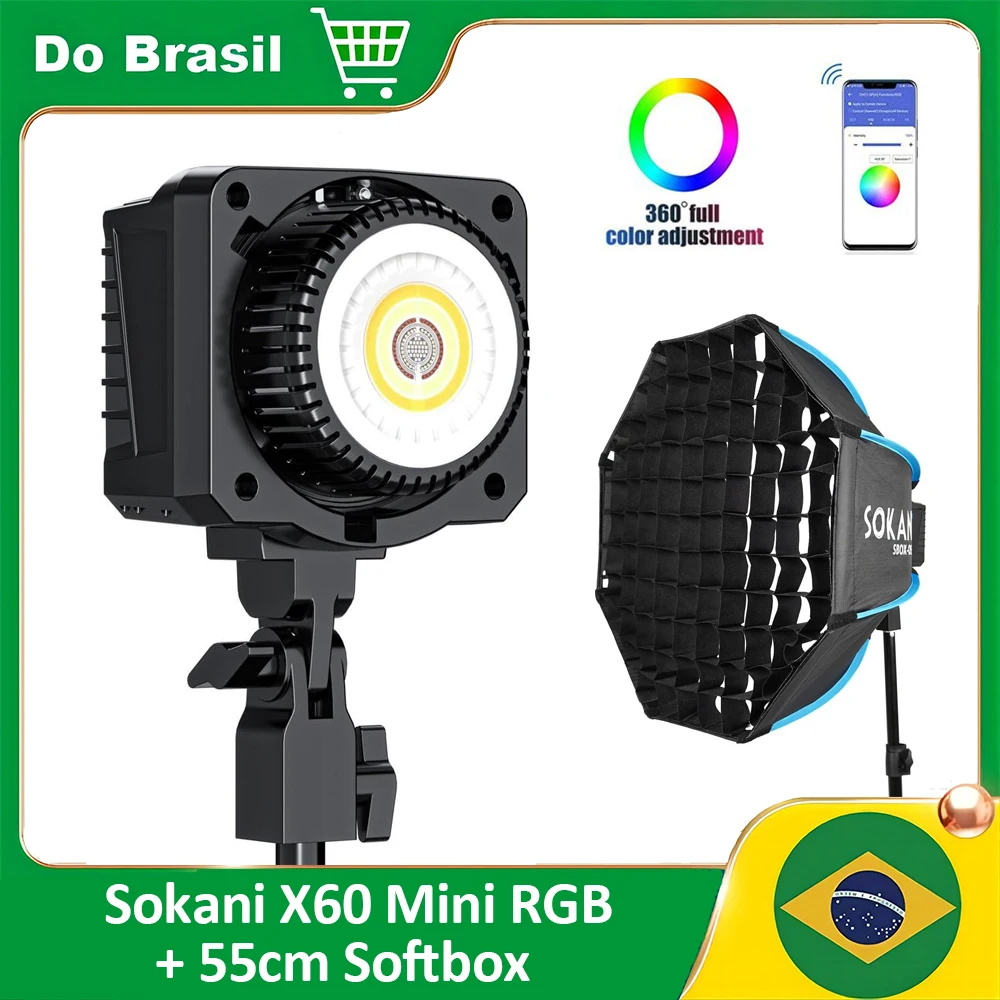 【DO BRASIL】Sokani X60 Mini 60W RGB LED Video Light with 55cm Octagon Softbox for TikTok Youtube Photography Recording