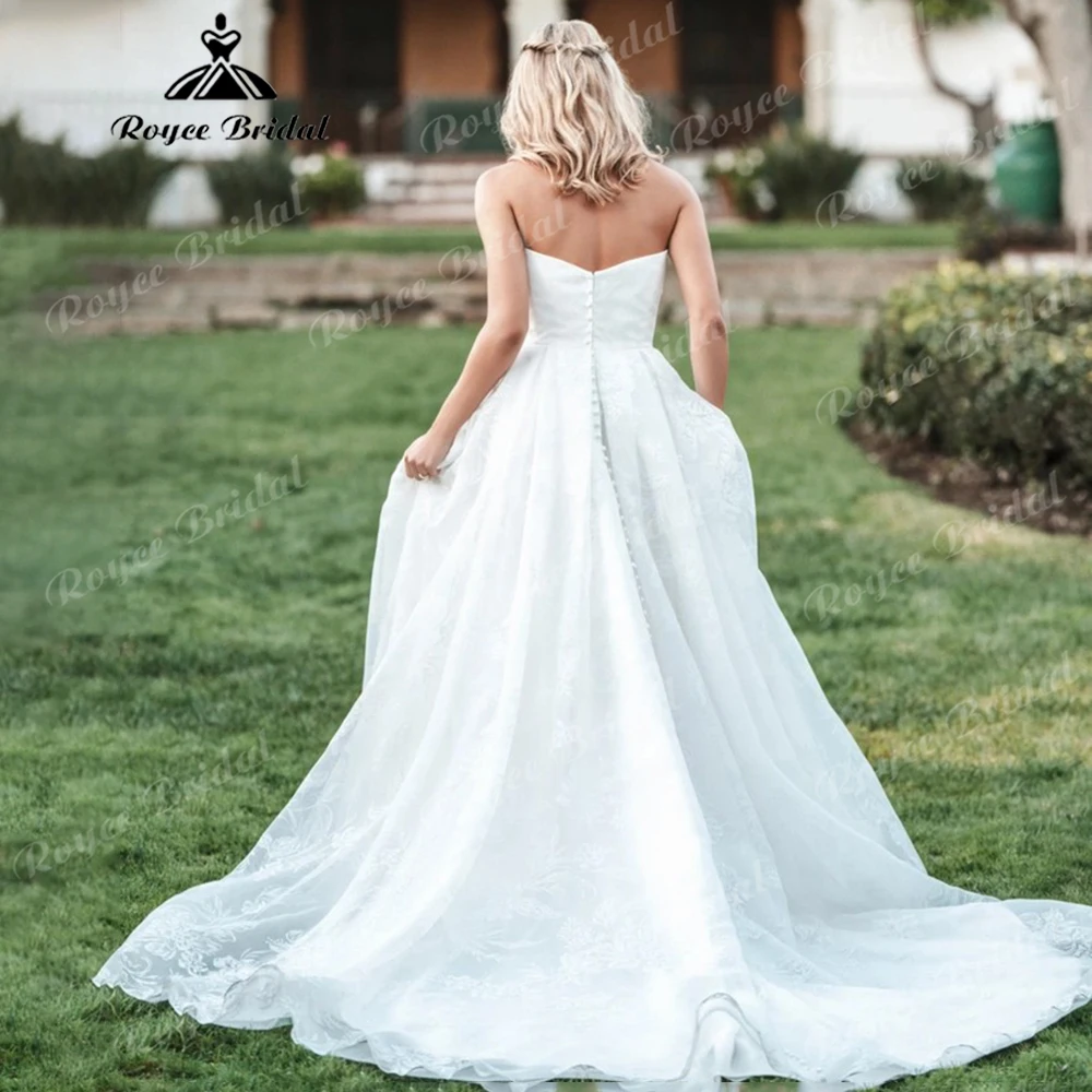 Strapless Sweetheart Jacquard Wedding Dress with Front High Slit Modern A-line Bridal Gown with Button Back Customized