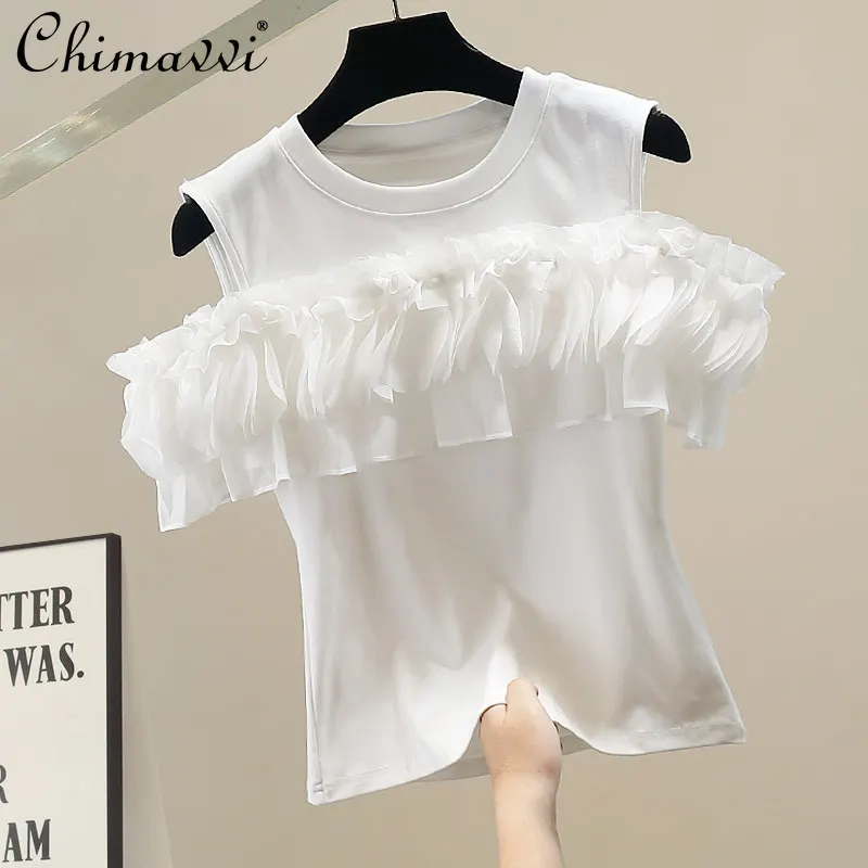 

Korean Fashion Heavy Ruffled Off-shoulder Short-sleeve Shirt for Women 2026 Spring-summer New Slim Elegant White Top Ladies