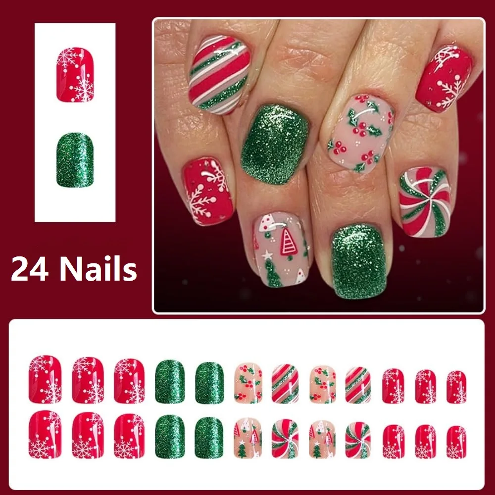Prensa navideña en uñas uñas postizas cuadradas cortas con bonito diseño de fruta de acebo pegamento con purpurina verde brillante en el árbol de Navidad de uñas