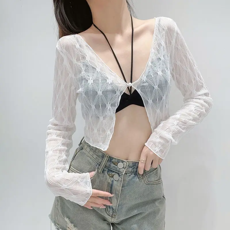 Lace Mesh Cardigan Women Summer Slim Short Style Thin Sunscreen Top