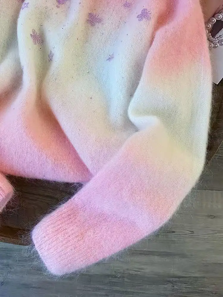 سترة وردية متدرجة للنساء سترات خريف وشتاء موضة جديدة رقبة مستديرة تريكو علوية بأكمام طويلة بلوفرات محبوكة #6