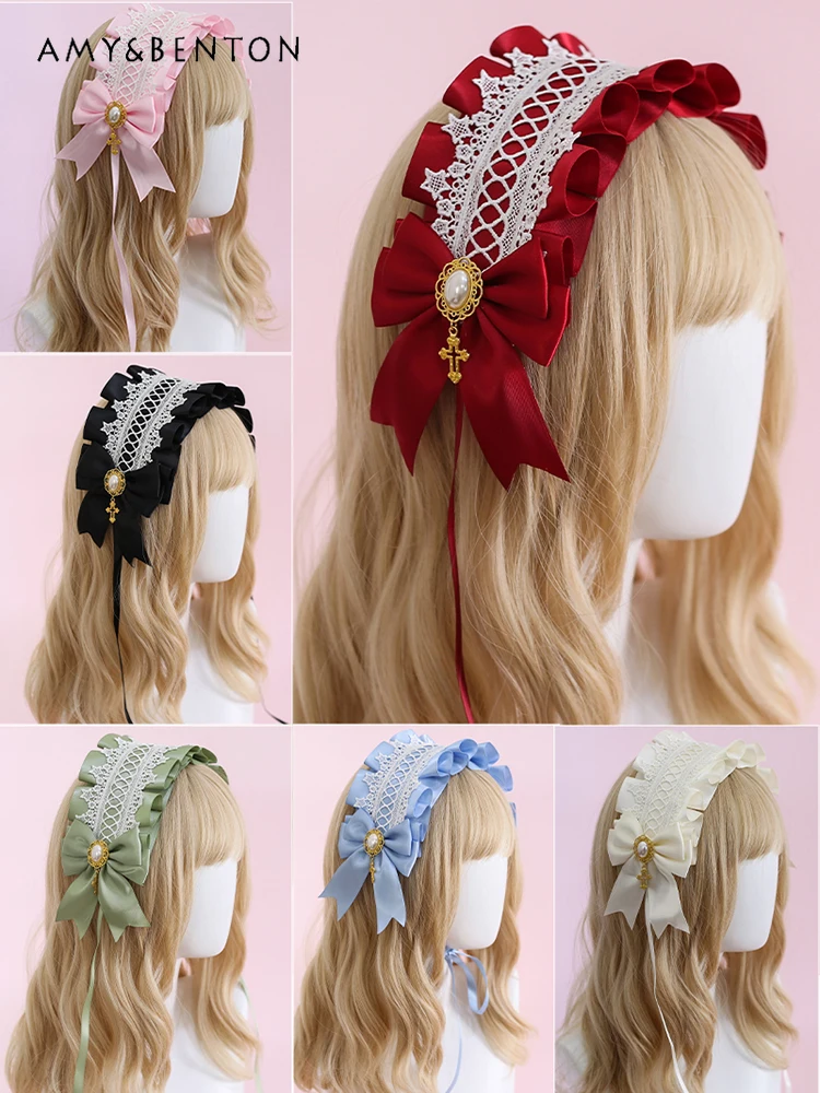 

Sweet Handmade Kawaii Lolita Hair Accessories Cute Bow Lace Rhinestone Headbands for Women Mori Girl Elegant All-Match Headbands