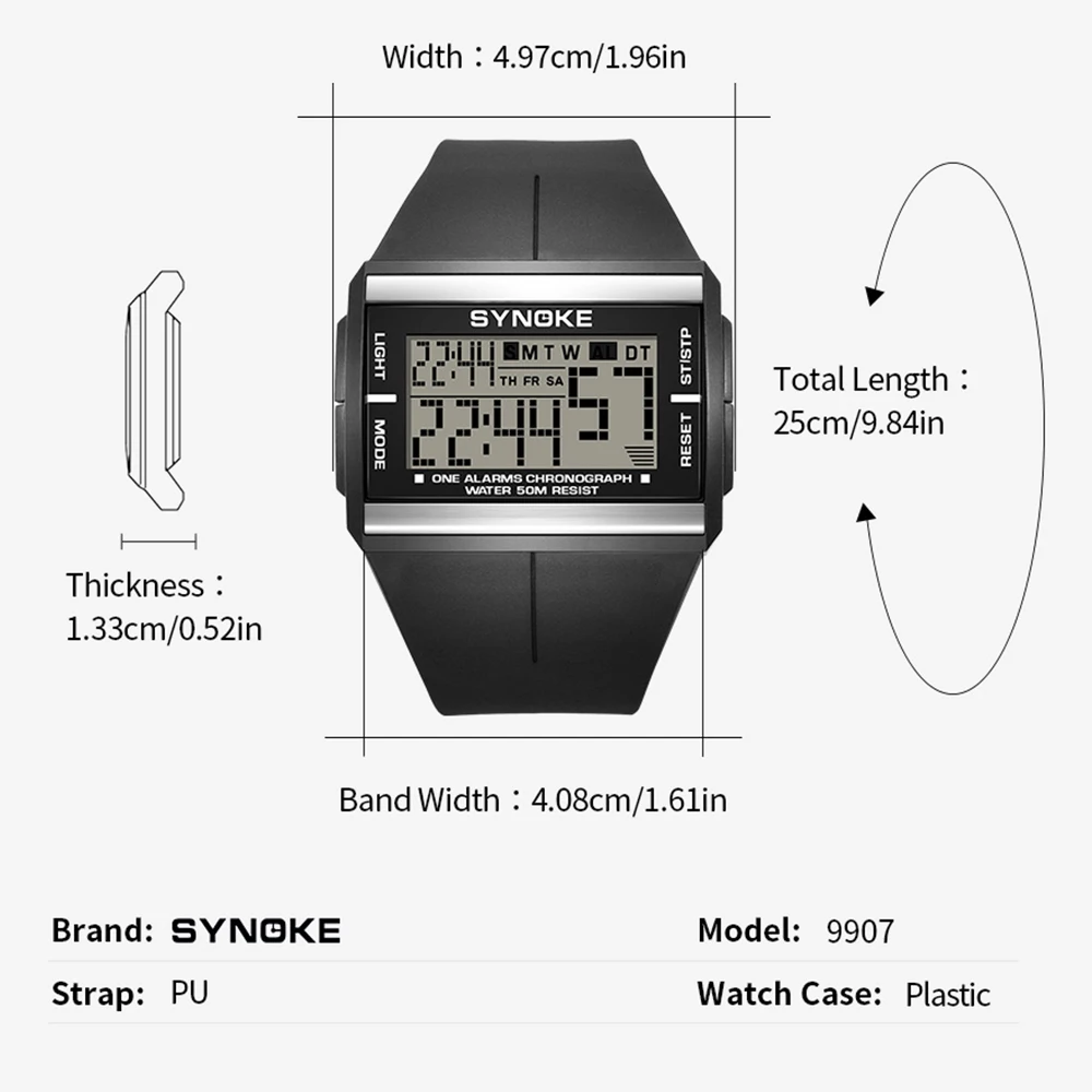 SYNOKE Rectangular Retro Men\'s Electronic Watch Classic Waterproof Colorful Luminous Student Sports Watches