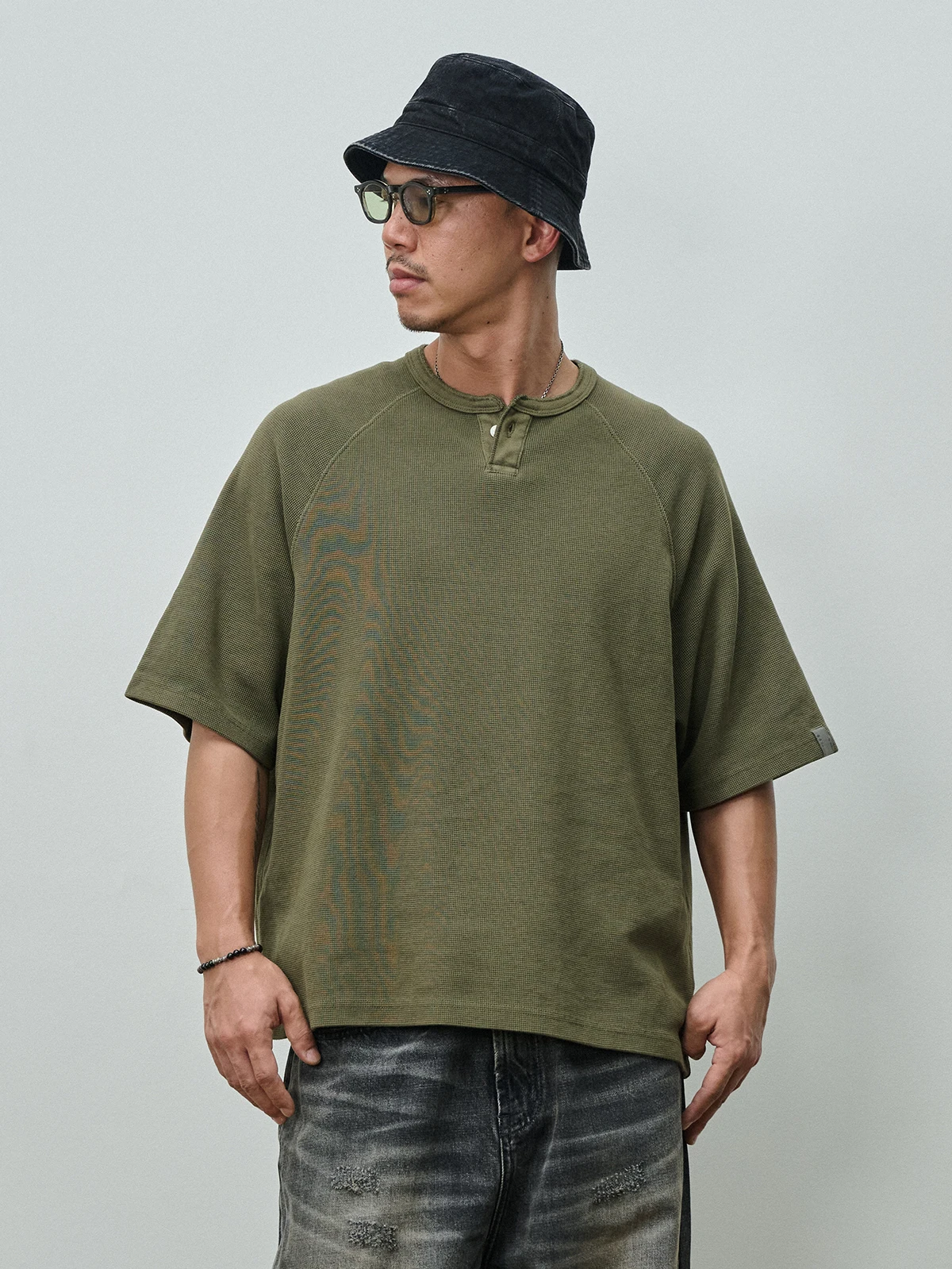 Broshood 25AW Japanese Style Casual Loose Retro Wax Dyeing Wafer Grid Henry Collar Heavyweight Short Sleeve T-Shirt for Youth