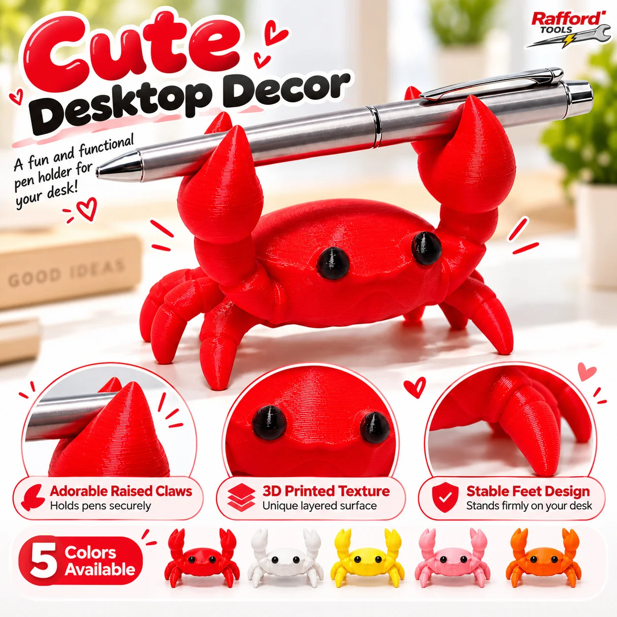 Rafford Cute Crab Pen Holder, Creative Desktop Organizer, Glasses Stand, Kawaii Animal Figurine, Office Desk Decor, Gift