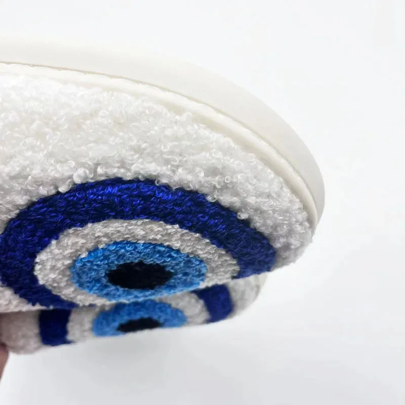 Novelty Blue Eye Fluffy Fur Slippers Women Warm Closed Toe Cute Plush Cotton Slippers 2024 Home Soft Winter Indoor Shoes Gift