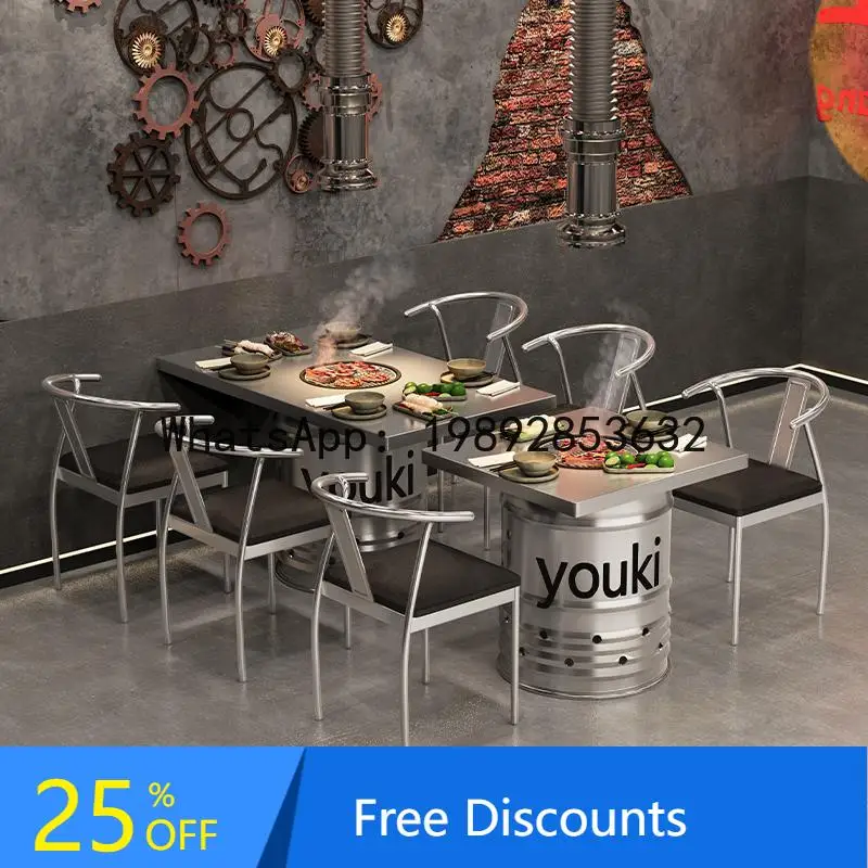 CZ  Stainless Steel Barrel Induction Cooker Table Hot Pot Table and Chair Smokeless Commercial All-in-One New Model BBQ Special