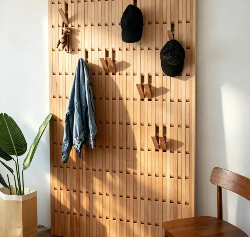Walnut Solid Wood Wall Mounted Multi-layer Clothes Rack, Creative Bamboo Coat Hook Storage Organizer for Living Room