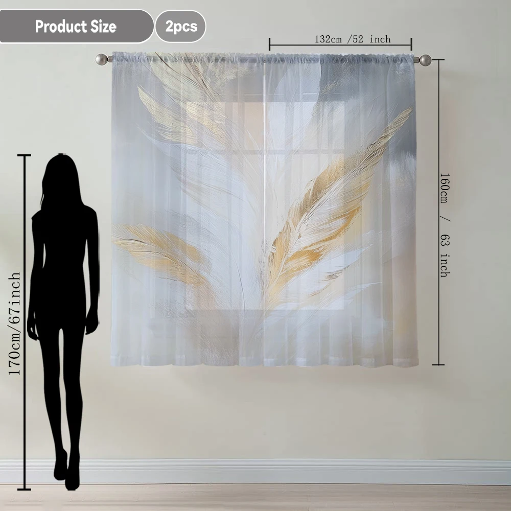 2Pcs White Feather And Gold Feather Print Home Decoration Window Screens Suitable For Coffee Shops, Restaurants, Bedrooms