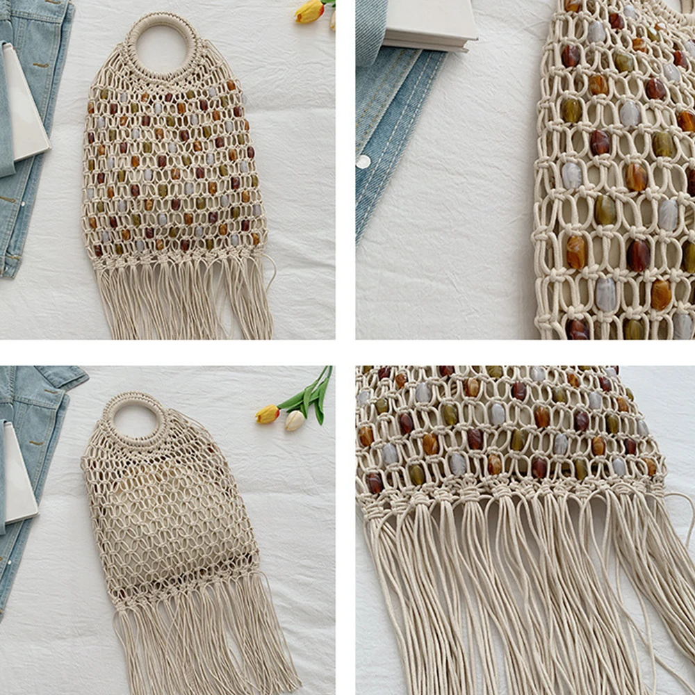 Summer Hollow Tassel Handbags Beading Woven Bags for Women Bohemian Knitting Beach Bag NEW Handmade Rope Crochet Women's Bag