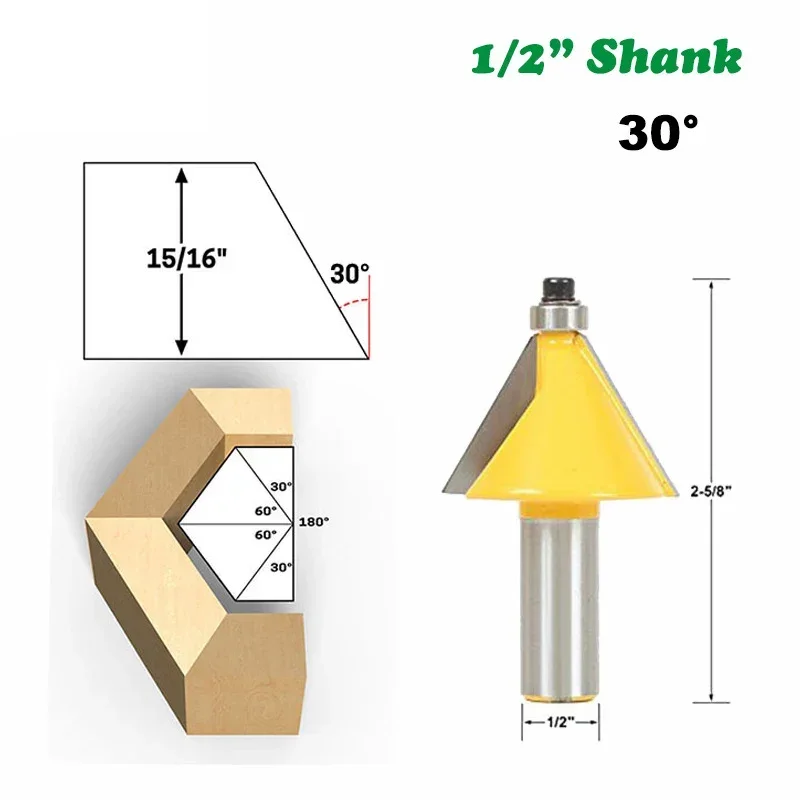 1PC 1/2" 12.7MM Shank Milling Cutter Wood Carving 11.25 15 22.5 30 45 Degree Chamfer Bevel Edging Router Bit Woodworking Cutting