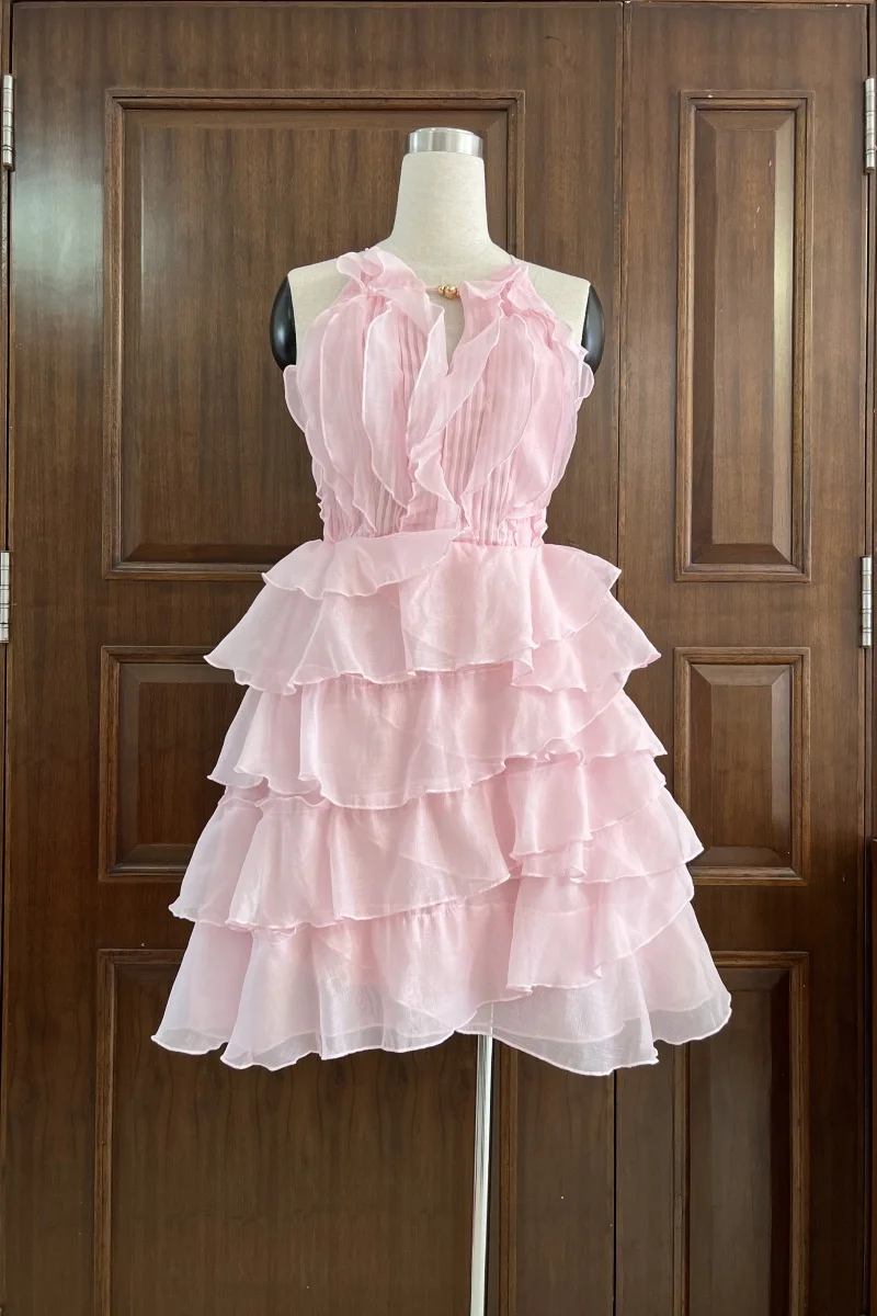 Vestido Mini Sem Mangas de Designer de Alta Qualidade com Bordas em Camadas, Elegante para Casamentos e Festas para Mulheres