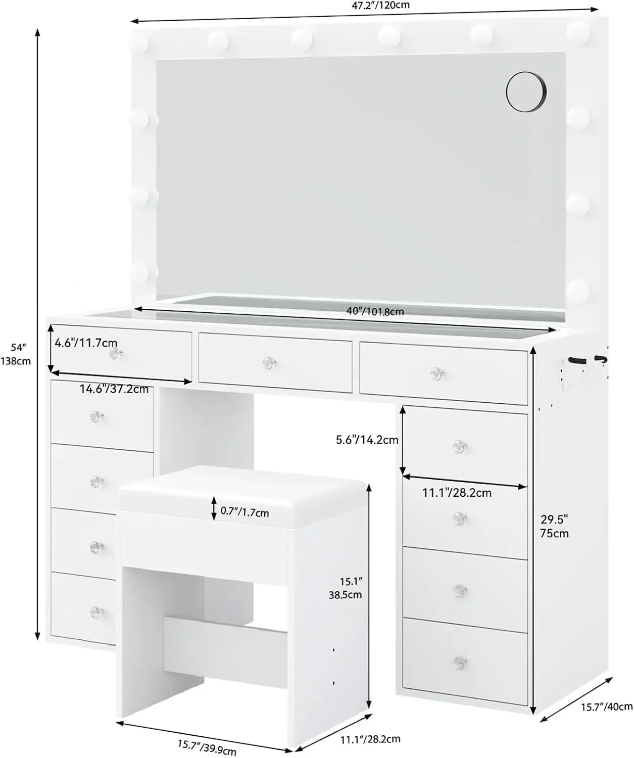 Vanity Desk with Power Outlet, Makeup Vanity with Mirror and 12 LED Lights,3 Lighting Modes,11 Drawers Vanity Table with Chair