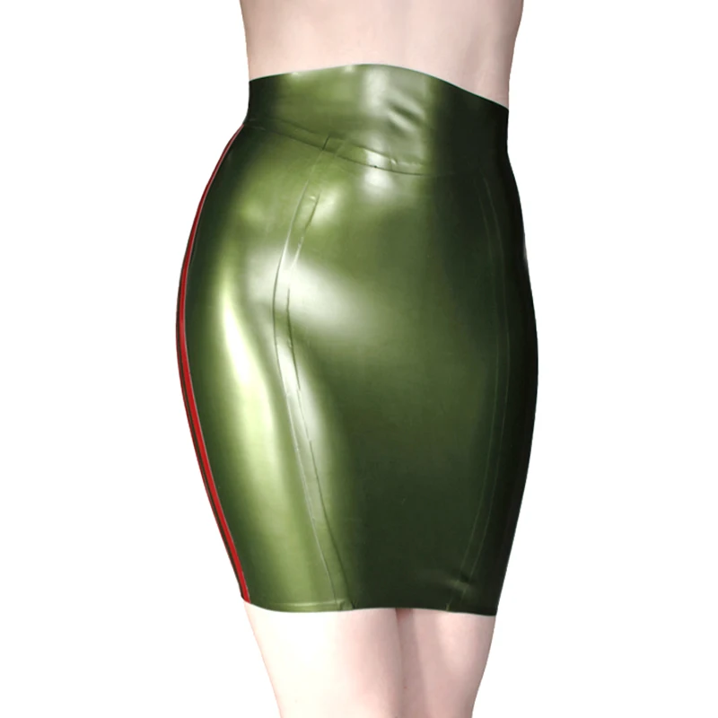 

Olive Green And Red Stripes At Two Sides Military Sexy Mini Latex Skirts With Pocket Flag Short Rubber Bottoms DQ-0091