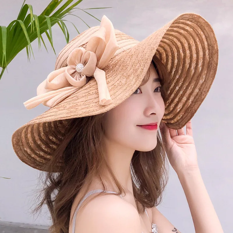 Hat Female Summer Beach Hat Seaside Travel Cover Face Korean Sun Protection Big Brim Sun Hat Sun Hat Folding Straw Hat
