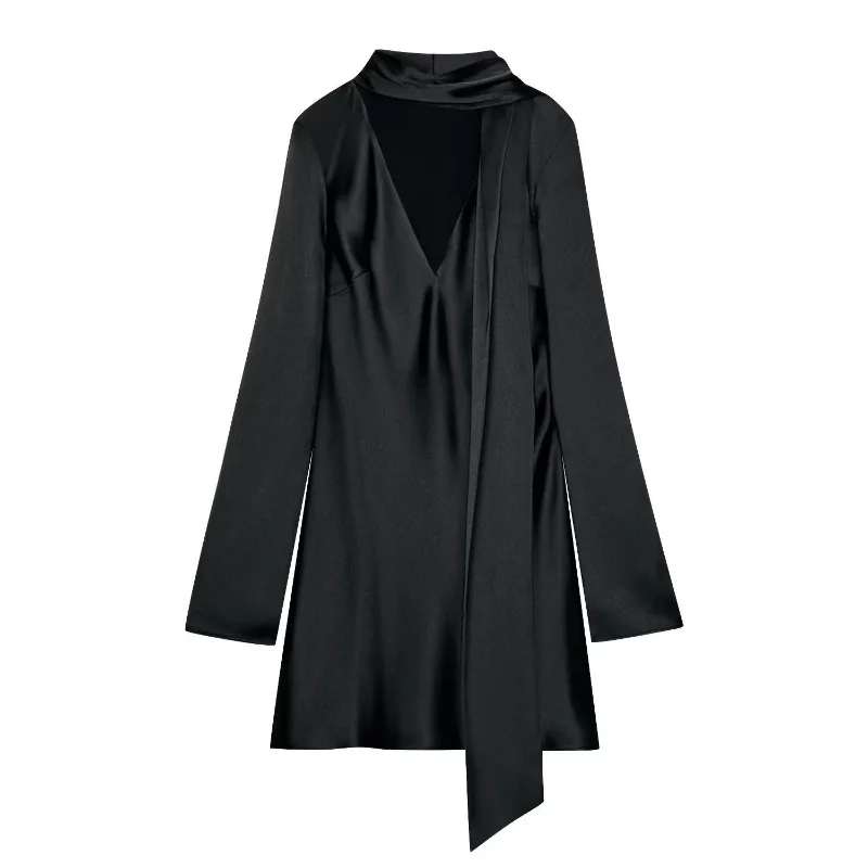 Ticketsx Fashion Satin Scarf Dress Women Solid V Neck Patchwork Lace Up Slim Dress Elegant Female Commuter High Street Vestidos