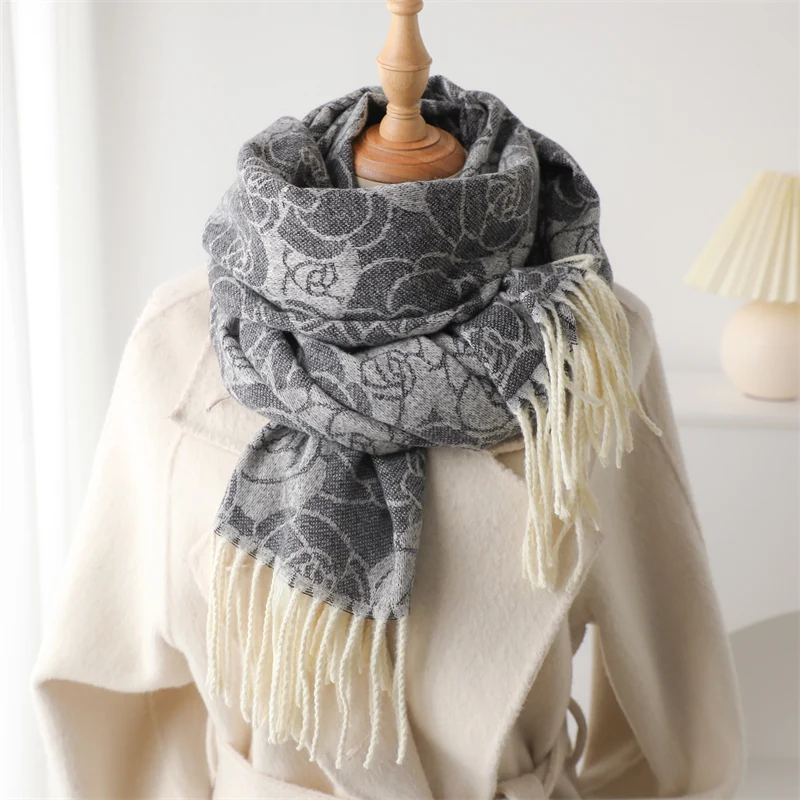 Fashion Flowers Print Scarf Women Winter Cashmere Warm Pashmina Blanket Wraps Men Thick Soft Bufanda Tassel Shawl Poncho Echarpe