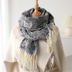 Fashion Flowers Print Scarf Women Winter Cashmere Warm Pashmina Blanket Wraps Men Thick Soft Bufanda Tassel Shawl Poncho Echarpe