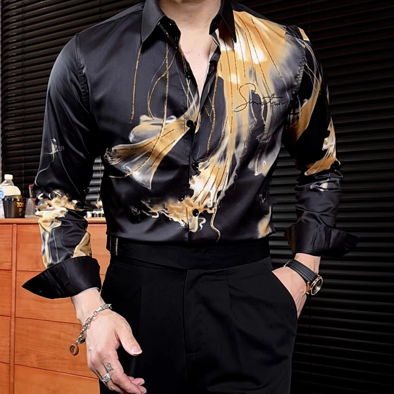 Flower Versatile Hot Diamond Color Contrast Shirt Camisas De Hombre New High Quality Luxury Rhinestones Shirt For Men Trend