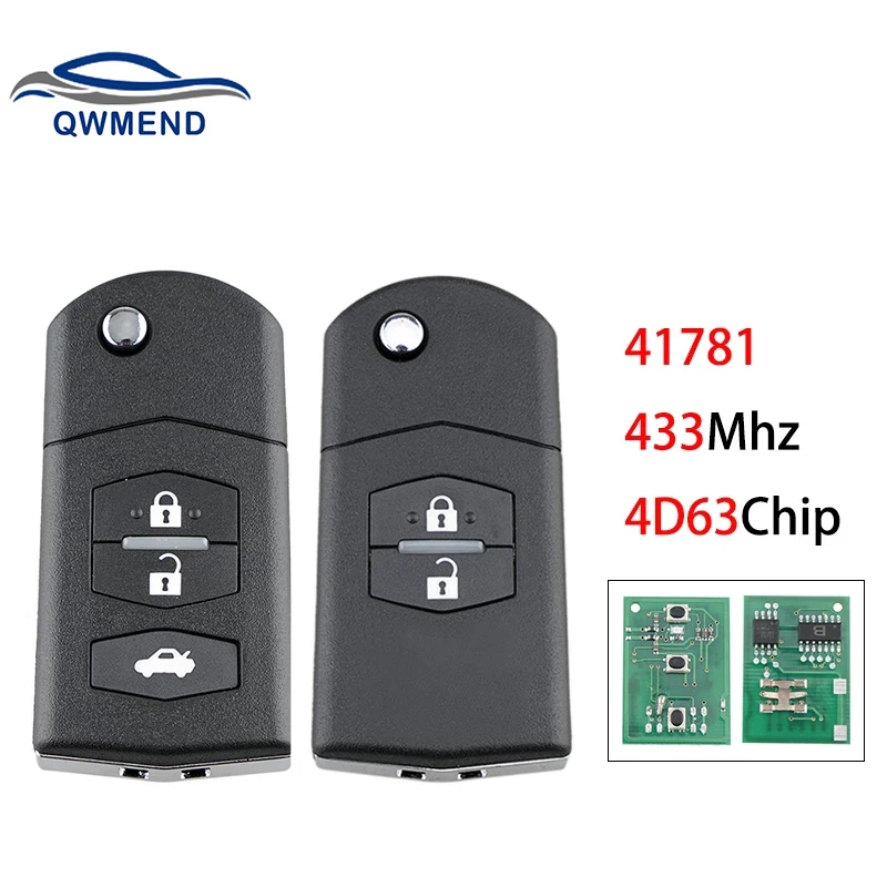 QWMEND 433Mhz 4D63 Chip Car Remote Key for Mazda 3 BK Series 2006-2009, BT50 2006 Visteon 41781 Smart Flip Car Key 2/3 Buttons