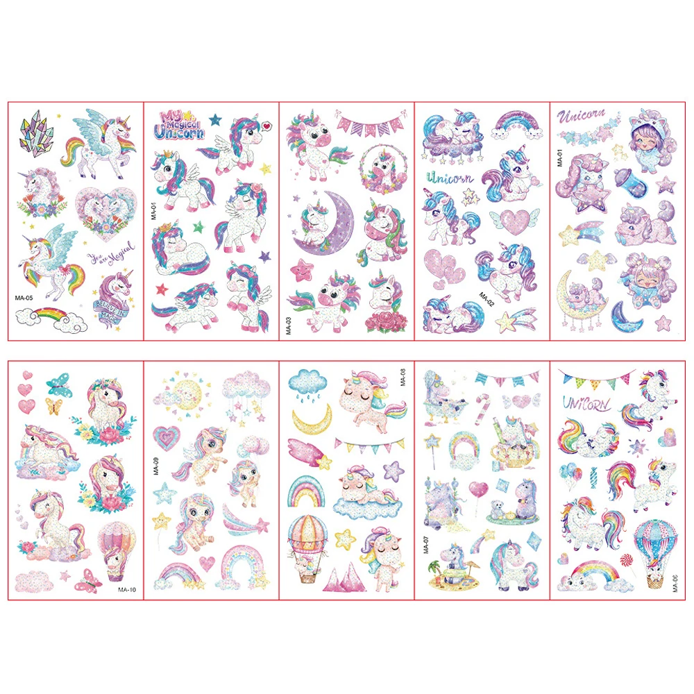 10 Sheets/Set Children\'s Colorful Glitter Tattoo Stickers Cartoon Animal Unicorn Butterfly Temporary Fake Tattoos Kids Gift