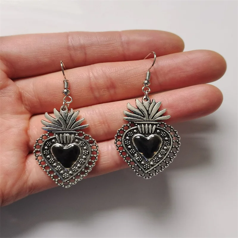 Mexican Sacred Heart Earrings, Milagro Dangle, Large and Silver Plated Charm, Gifts for Women