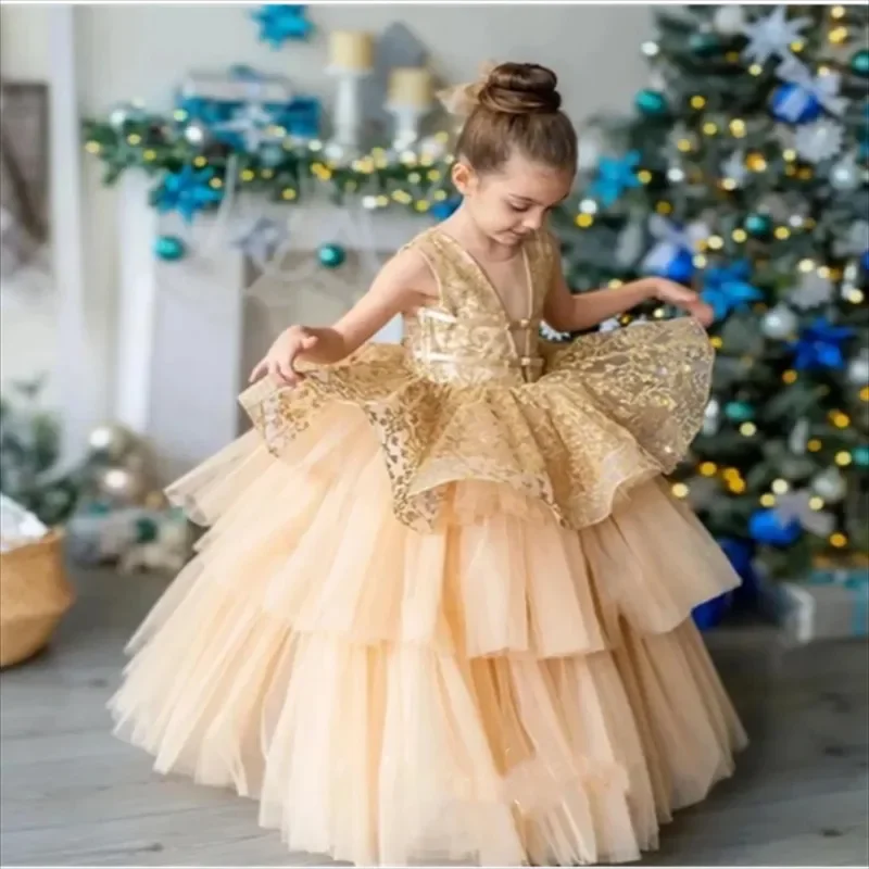 

Gold Flower Girl Dress Lace Tulle Round Collar Princess Baby Girl Birthday Party First Communion Wedding Gown