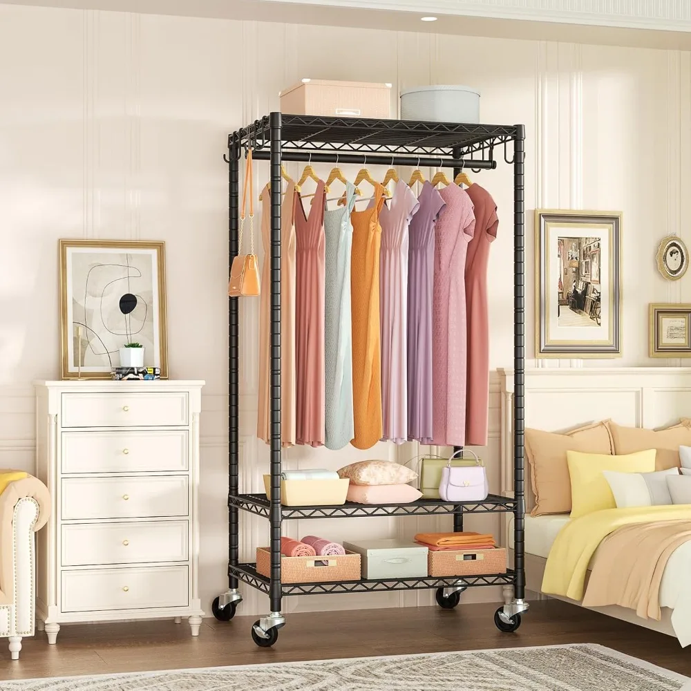 

Rolling Clothes Rack Heavy Duty, Clothing Racks for Hanging Clothes, Freestanding Garment Rack with Wheels