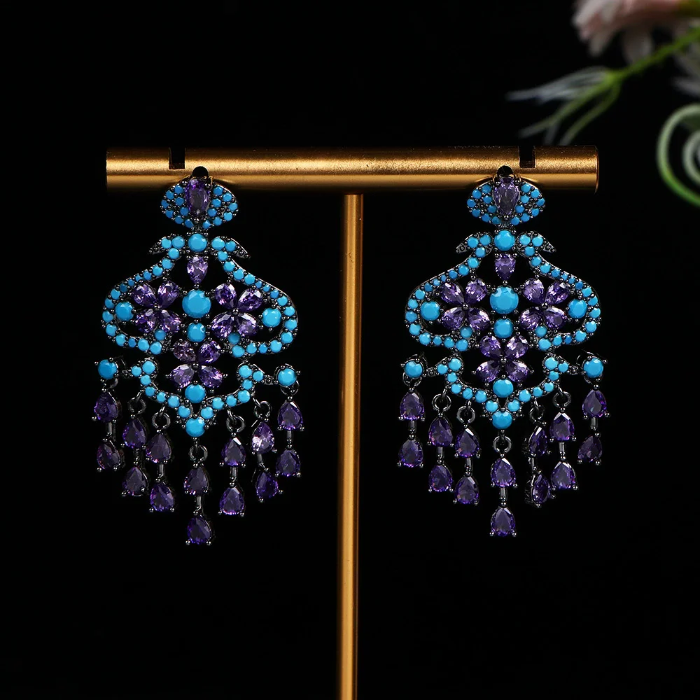

New vintage court hollow flower water drop long earrings for women advanced wedding banquet ear jewelry