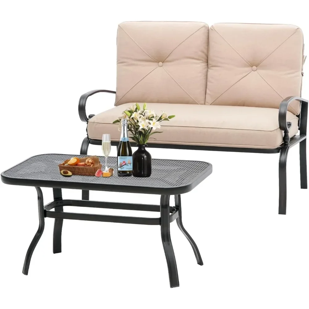 

Outdoor Patio Furniture 2 Pcs, Loveseat Bench Metal Frame Furnitures Set with Thick Cushions and Coffee Table
