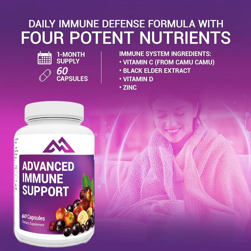 

Advanced Immune Support Daily Immune Multi System Defense Supplement, containing 60 capsules of c,zinc, and elderberry