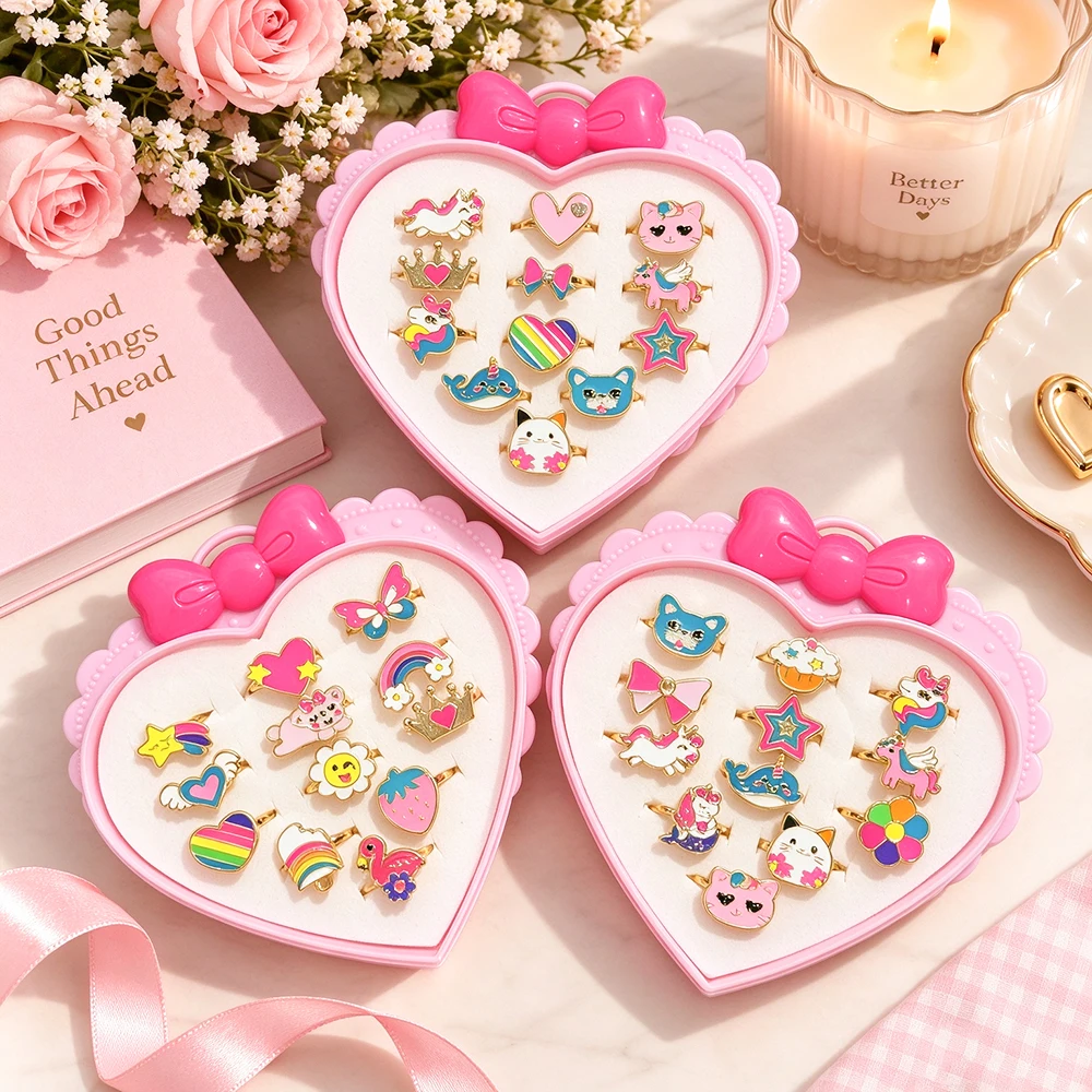 12Pcs Multiple Styles of Children's Cartoon Adjustable Ring Sets, Colorful Heart Bow Gift Box, Girls' Birthday Party Gifts