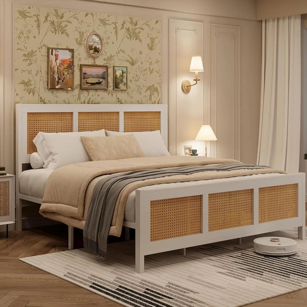 

Queen Bed Frame with Headboard, Bohemian Rattan Platform Bed Frame with Strong Metal Slats Support, No Box Spring Nee