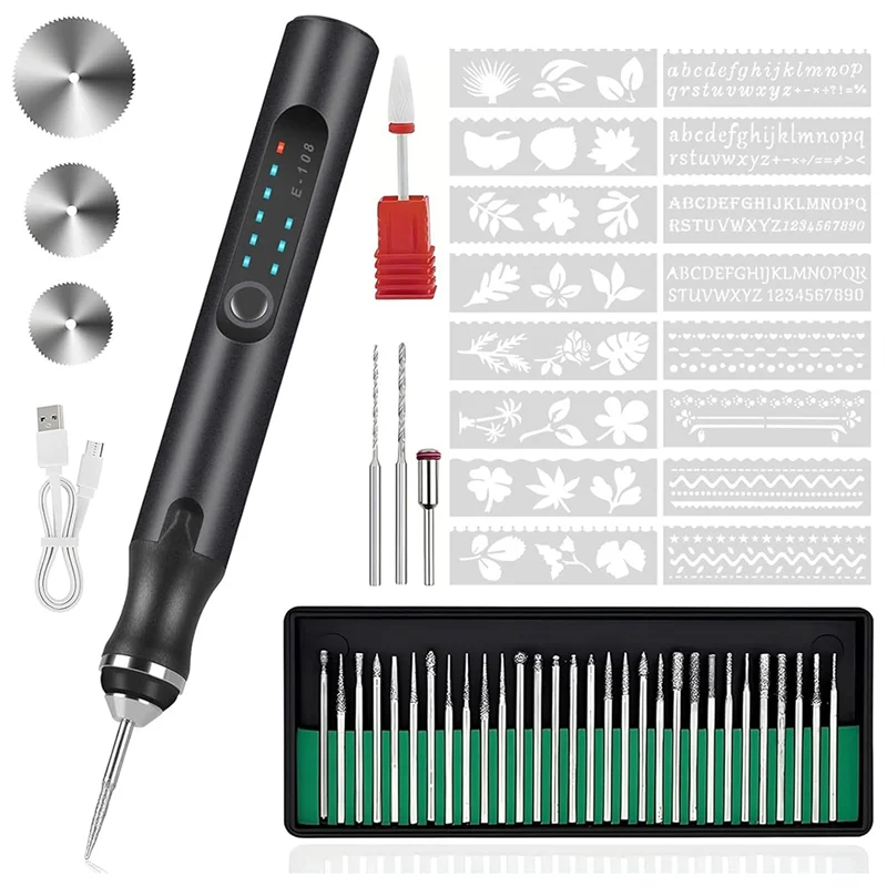 Penna per incisione con 37 bit, strumento per incisione senza fili ricaricabile tramite USB, incisore rotativo portatile fai-da-te - [Qahk]
